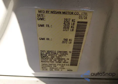 2016 Nissan Altima 2.5/2.5 S/2.5 Sl/2.5 Sr/2.5 Sv z USA, uszkodzony, nr VIN 1N4AL3AP5GC203456